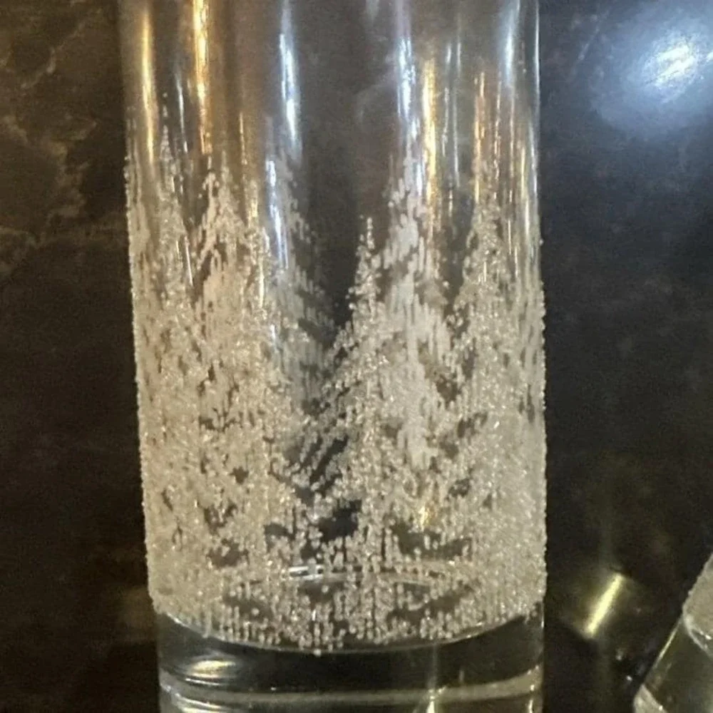 Vintage Frosted White Pine Tree Highball Glasses Set of 2 Winter Forest Tumblers